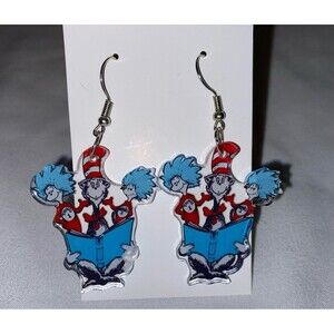 Earrings Dr. Seuss Cat in the Hat & Thing 1 & 2 Acrylic Dangle Whimsical Teacher